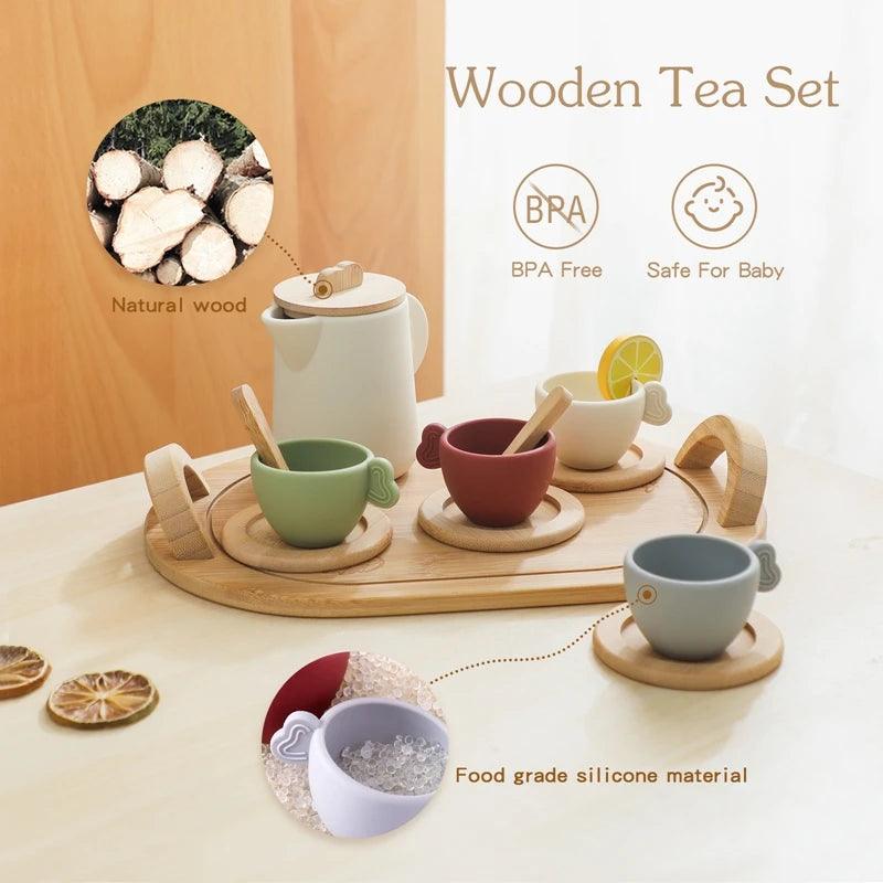 Wooden Children Montessori Toy Teapot Teacup Simulation Kitchen Utensil  BPA Free Silicone Kid Education Pretend Play Toy Gift - Mandhi