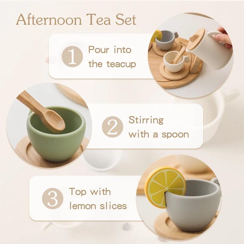 Wooden Children Montessori Toy Teapot Teacup Simulation Kitchen Utensil  BPA Free Silicone Kid Education Pretend Play Toy Gift - Mandhi